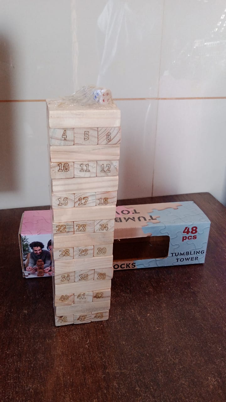 Wooden Tumbling Stacking Tower Game, Zenga tower (48 Pcs Blocks 2 Dices) Wooden Tumbling Stacking Tower Game, Zenga tower (48 Pcs Blocks 2 Dices)